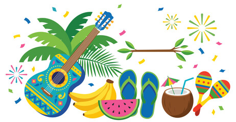 A vibrant summer party illustration featuring a decorated acoustic guitar, palm leaves, bananas, watermelon, flip-flops, a coconut drink, and maracas. © Hand Made