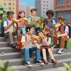 Obraz premium Papercraft Hotdog Lifestyle. Friends Gather For A Fun, Outdoor Food Adventure On Urban Stairs, Enjoying Laughs And Freedom With Diverse Gen Z Groups