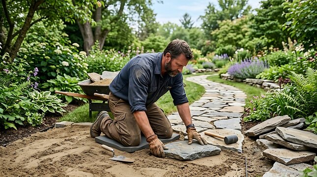 Professional landscaper installing natural stone flagstone pavers for a garden walkway path in a lush backyard setting