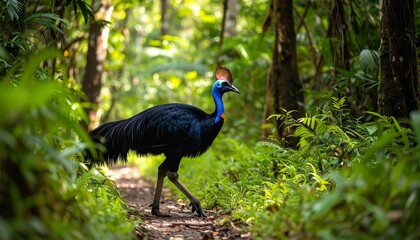 Cassowary Striding Along Tropical Rainforest Trail © Zevania