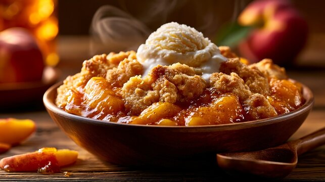 warm peach cobbler with melting vanilla ice cream in rustic bowl
