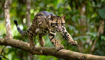 Clouded Leopard Leaps Along Jungle Branch © Zevania