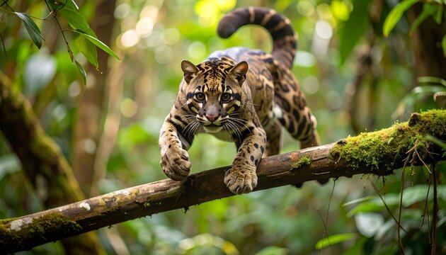 Clouded Leopard Leaps Along Mossy Jungle Branch