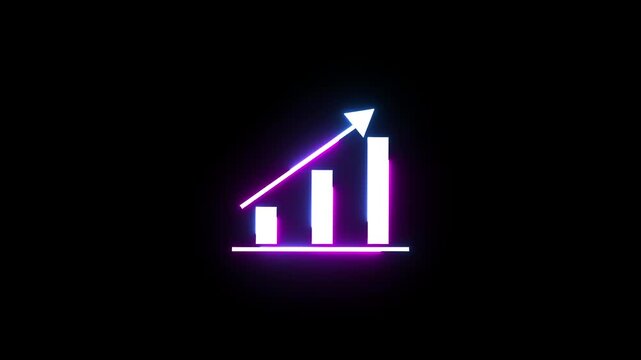 Neon glowing bar chart symbol with an upward arrow for financial growth data trends.