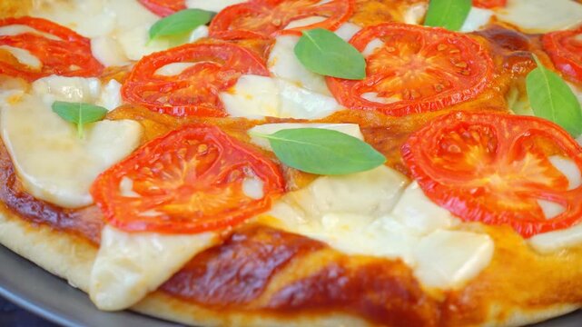 delicious Italian traditional pizza margarita with crispy cheese crust and topping of tomatoes and decorated basil