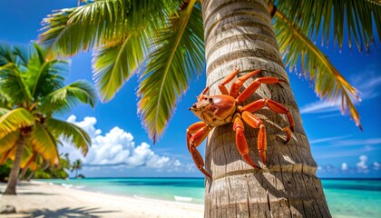 Red Land Crab Climbing Palm on Tropical Beach © Zevania