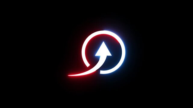 Neon glowing circle and arrow rising upward motion graphics abstract light symbol.