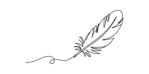 Minimalist feather line art, simple black feather illustration, elegant one line drawing, decorative feather design element © SHANTO
