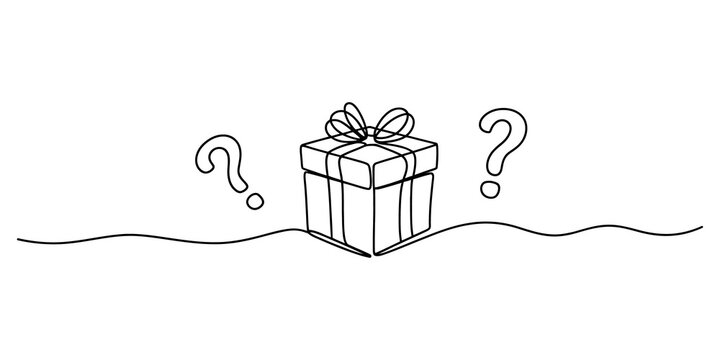 Continuous line drawing Gift box with question marks, mystery present, wrapped box, surprise concept, line art