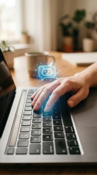 Woman using laptop with floating virtual chatbot icon. Artificial intelligence automation and digital assistant technology. Modern communication interface for online customer support service.