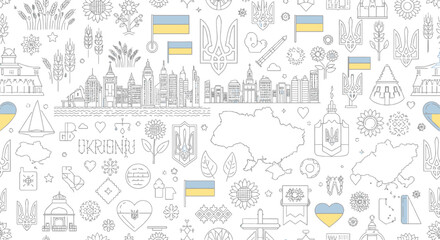 Fototapeta premium A detailed illustration featuring Ukrainian symbols, flags, and cityscapes against a white background.