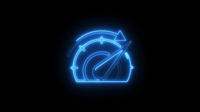 Neon blue speed gauge dashboard indicator icon glowing in dark digital background.