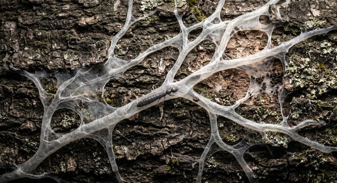 Top down view of wingless embioptera insect crawling inside complex silken gallery on bark