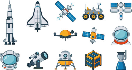 Spacecraft and Aerospace Technology Icon Set with Rocket Space Shuttle Satellite Mars Rover Astronaut Helmet Telescope and Lunar Lander Design © MdMohsin