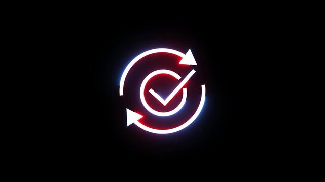Neon glowing sync status icon with checkmark symbol animation on black background.