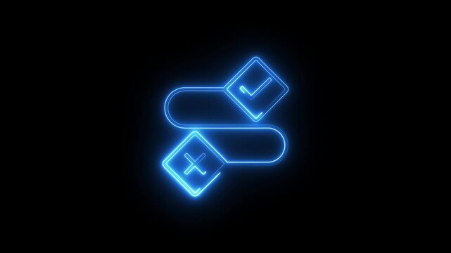Neon glowing check mark and plus sign symbol animation on black background footage.