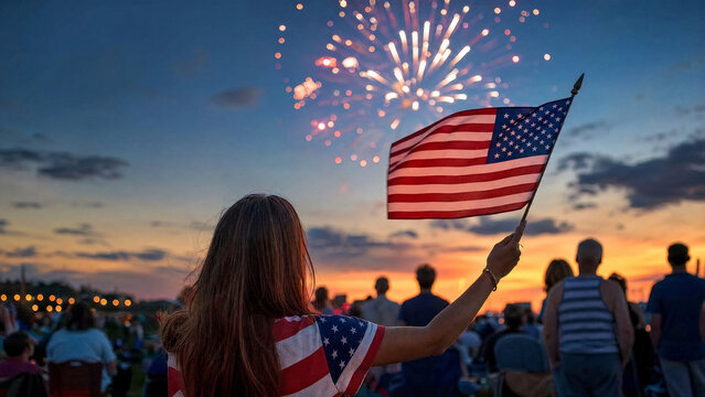 Young woman holding an American flag and watching fireworks at sunset with a crowd, celebrating Independence Day and national holiday for patriotism and community