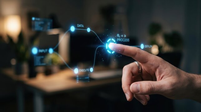 Man using finger to touch digital interface with workflow automation diagram. AI chatbot processing data and system deployment. Innovative network technology for business process management.