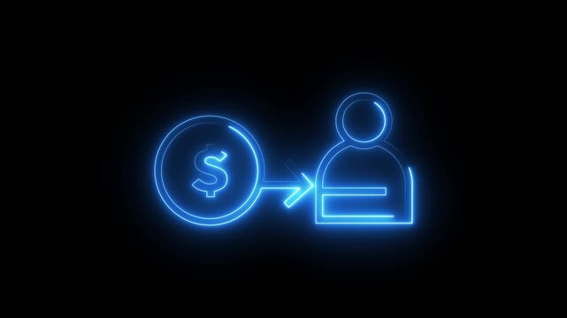 Neon blue line animation representing money transfer from coin icon to user avatar.