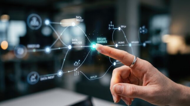 Woman touching interactive digital interface of artificial intelligence automation workflow. Data pipeline management system and chatbot technology concept. Advanced software process control.