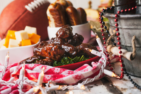 Football: Focus On Plate Of Barbecue Chicken Wings