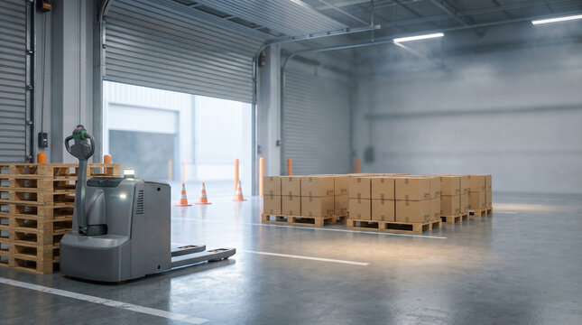 Electric pallet jack inside modern industrial warehouse with stacked cardboard boxes and open dock bay