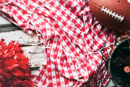 Football: Background With Tablecloth, Beer And Ball