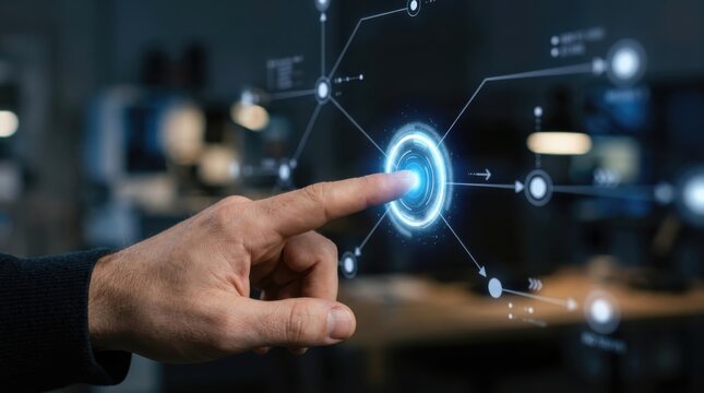 Man touching virtual interface with digital network of nodes. Ai automation and chatbot connection. Machine learning data flow and future technology communication concept.