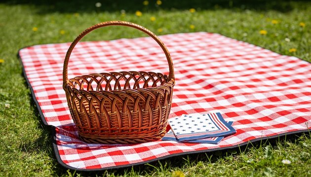 Empty wicker picnic basket on a red and white checkered blanket over green grass, patriotic theme for summer holiday celebration and outdoor leisure