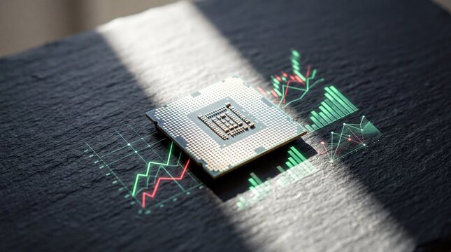 AI Processor Chip Analyzing Digital Stock Market Data for Investment Insights