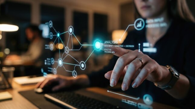 Woman interacting with digital interface showing artificial intelligence data analysis. Business automation and technology concept. Innovative software for process management and decision.