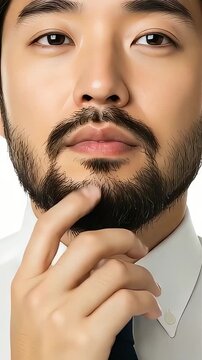 立派な髭を蓄えたビジネスマンの口元のアップと髭を触る手