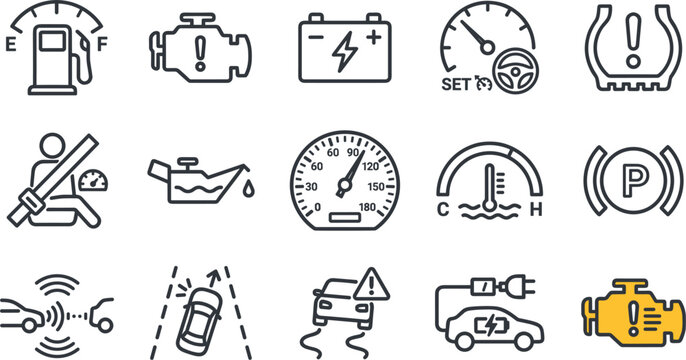 Car dashboard warning lights and mechanic service icon set featuring check engine speedometer fuel gauge for automotive repair infographic design
