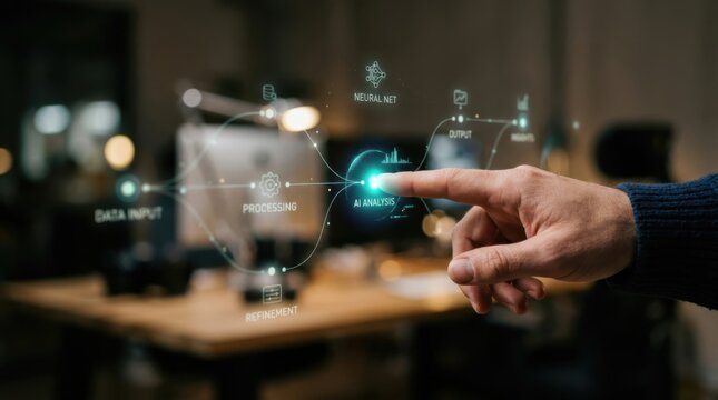 Man touching virtual interface with artificial intelligence data flow. Software engineer testing machine learning algorithm. Digital transformation, automation and innovation technology concept.