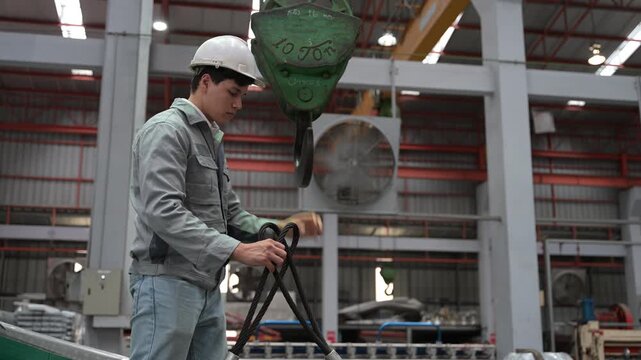 A focused industrial worker wearing protective uniform and hard hat adjusts a manual remote controller inside a steel mill factory.