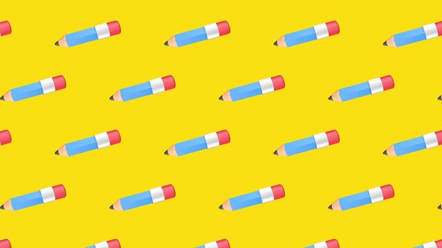 Seamless loopable animation of a pattern featuring blue pencils with red erasers moving on a bright yellow background. School, education, and creativity concept. 3D animation.