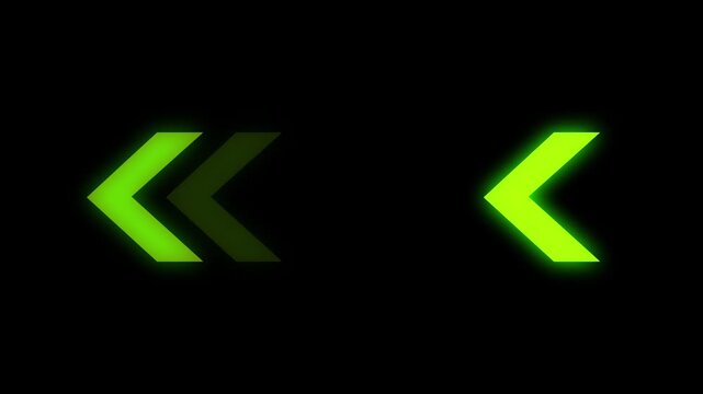 Abstract glowing neon arrow indicator for digital navigation, futuristic glowing direction pointer, interactive motion graphic element for online interfaces, green arrows moving right to left.