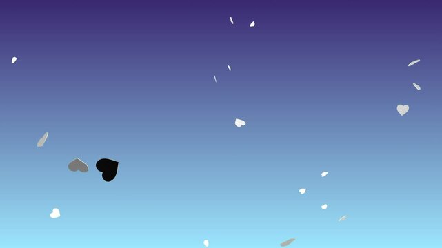 Festive explosion of white heart confetti on a beautiful blue and cyan gradient background. Motion graphics animation for Valentine's Day, wedding, or romantic celebration concepts.