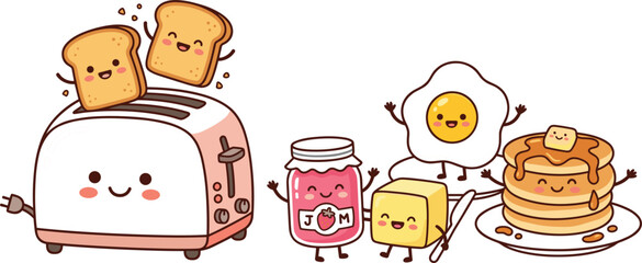 Cute cartoon toaster and breakfast food character set with popping toast slices fried egg jam butter and maple syrup pancakes for kids culinary design © AdhinChandra
