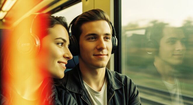 A happy couple sitting together in a moving train while wearing headphones and looking out the window during their scenic travel journey