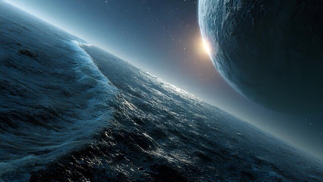 A breathtaking view of two celestial bodies in space, with a distant sun rising over a vast, textured planetary surface.