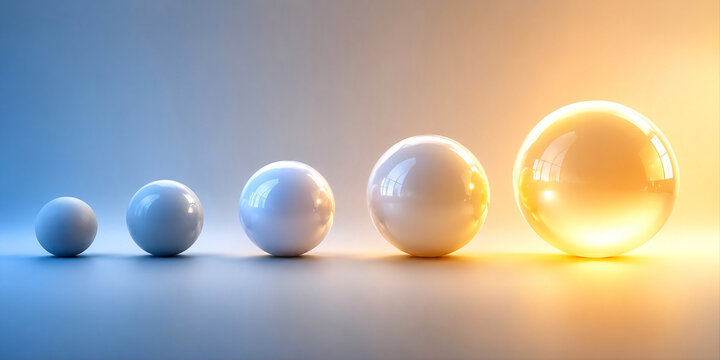 Five glossy spheres arranged in ascending size with increasing luminosity from left to right, clear progression and growth trajectory, warm gradient background, professional 3D render