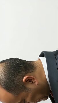 深刻な表情で深く頭を下げて謝罪や後悔の意を表す中年のビジネスマン