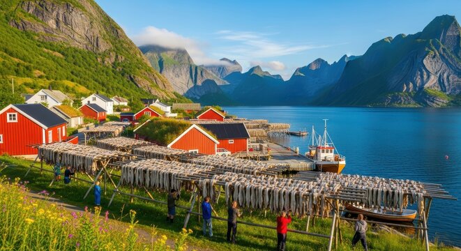 Picturesque coastal village with iconic red cabins and traditional fish drying racks nestled in the stunning fjords of northern Norway