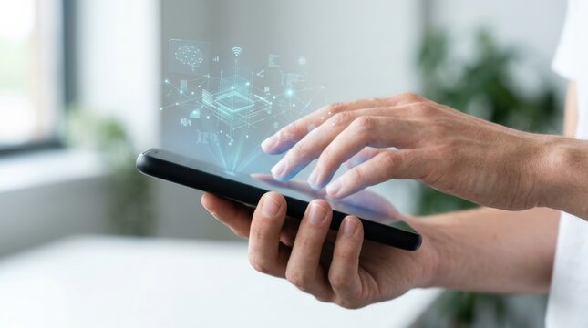 Man using smartphone with AI chatbot interface hologram. Digital assistant interacting with neural network data. Concepts of future innovative mobile technology and automation process.