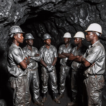 Metallic Mine Pose. A Confident African Mining Team Poses Together At A Coal Mine, Wearing Safety Helmets