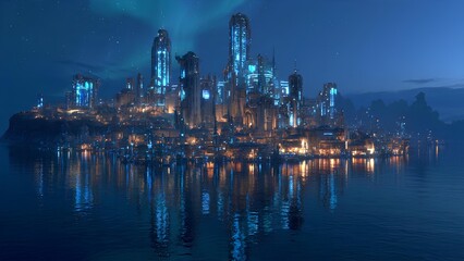 Obraz premium A breathtaking panoramic view of a futuristic, illuminated city with glowing skyscrapers reflecting in the calm water under a vibrant aurora borealis sky.