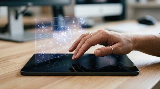 Woman using tablet with hologram of artificial intelligence brain. Digital assistant and neural network interface. Futuristic technology for automated data processing and cyber analysis.
