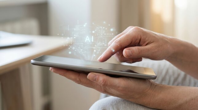 Woman holding tablet, interacting with floating artificial intelligence network interface. Digital assistant technology for automation and data analysis. Modern innovative mobile computing concept.
