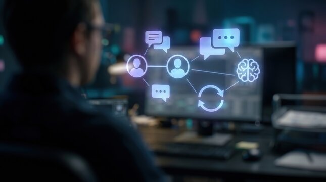 AI HR, Smart Team Collaboration, and Cognitive Workflow Concept: Floating Holographic Network Chain with Profile Connection, Speech Bubbles, Brain Icon, and Circular Arrows over Screen